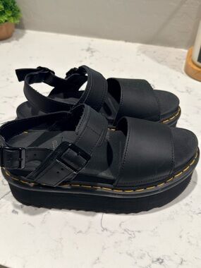 Like New Dr. Martens Black Platform Leather Sandals with Yellow Stitching
